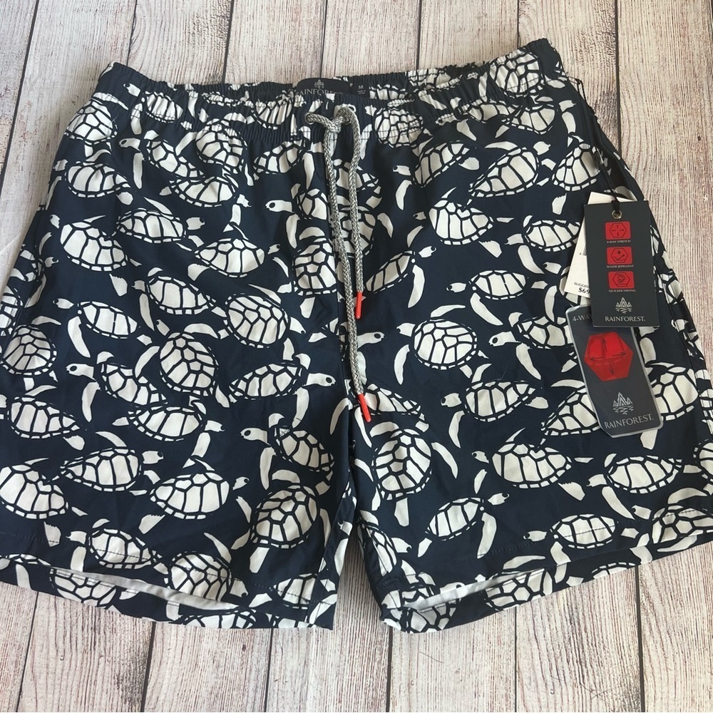 RAINFOREST Mood Indigo Turtle Blue Swim Trunks Shorts Medium NWT